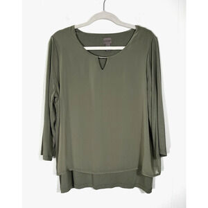 Chicos Easywear Knit Top Chiffon Overlay Cross Back Olive Green Size 2/Large